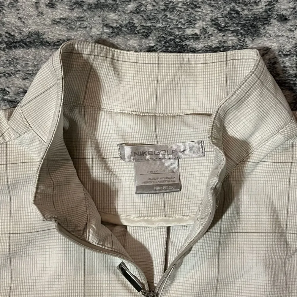 Vintage Nike Golf Fit Dry Women Windbreaker Jacket Full Zip Mock -Beige Plaid, L